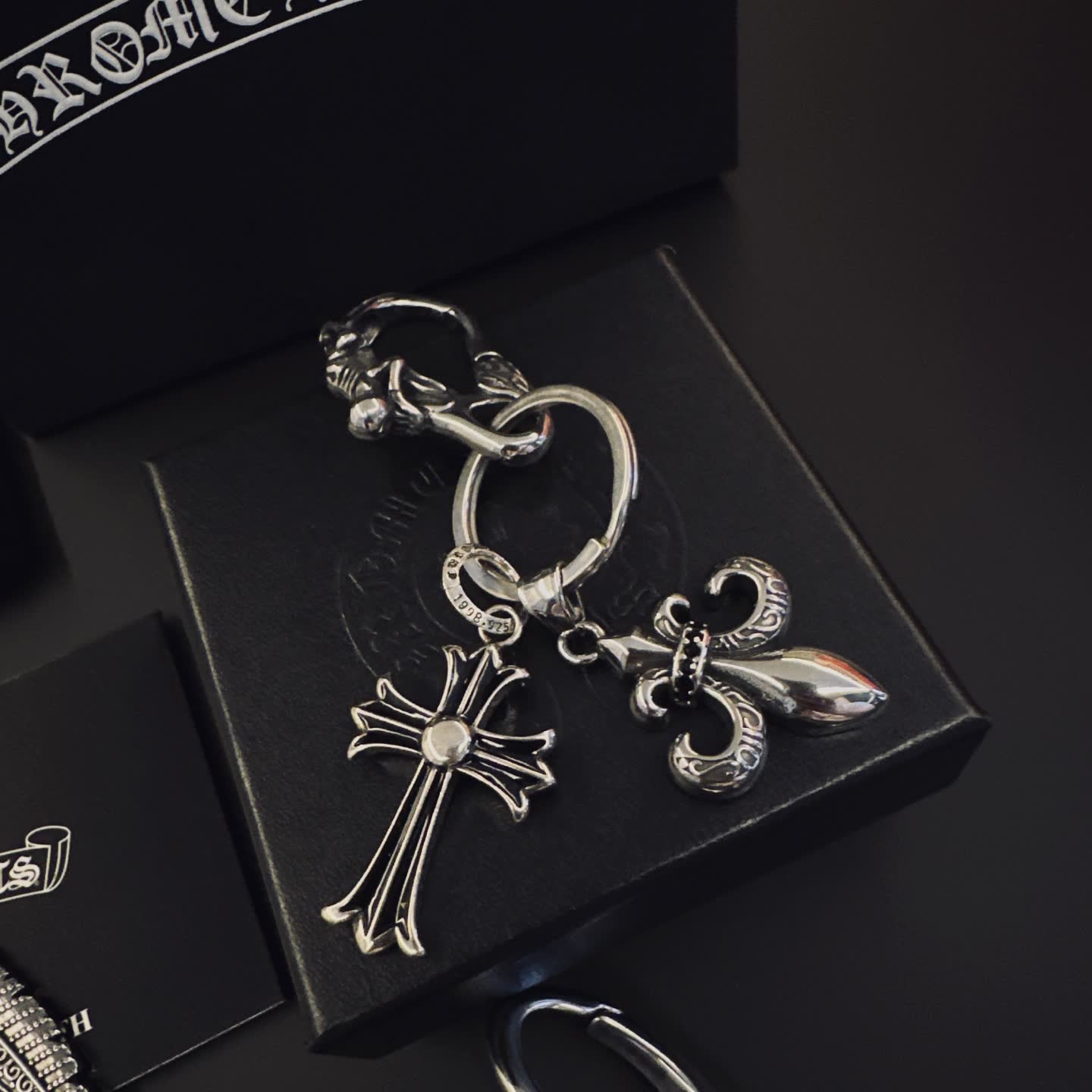 Chrome Hearts Silver Keychain with Cross and Fleur-de-lis Charms